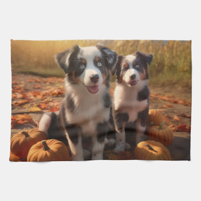 Australian Shepherd Puppy Autumn Delight Pumpkin Kitchen Towel (Horizontal)