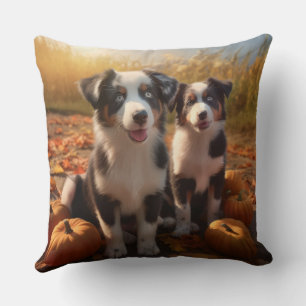 Australian Shepherd Puppy Autumn Delight Pumpkin Throw Pillow