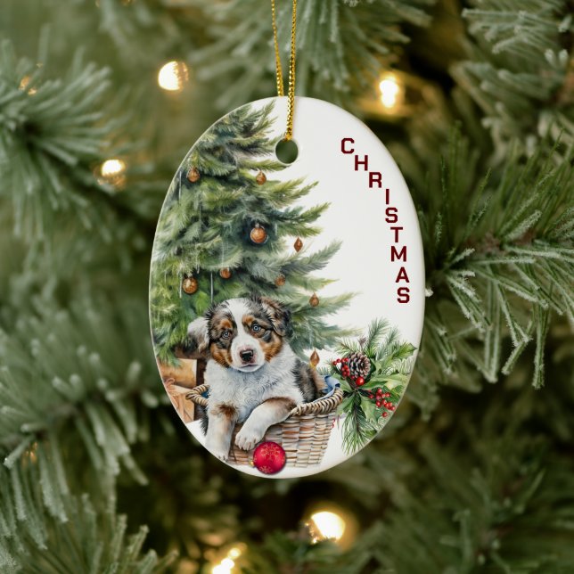 Australian Shepherd Puppy Wicker Basket Christmas Ceramic Ornament (Tree)