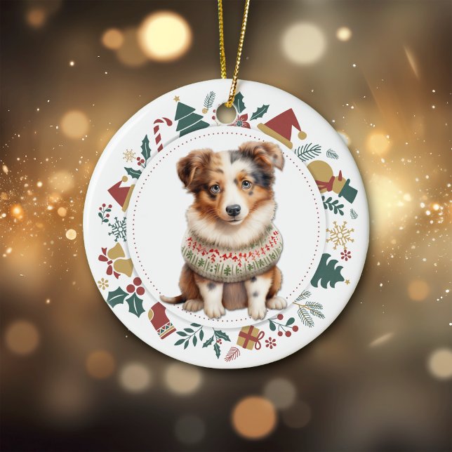 Australian Shepherd Puppy Winter Sweater Christmas Ceramic Ornament (Creator Uploaded)
