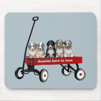 Australian Shepherd Pups In Wagon Mousepad