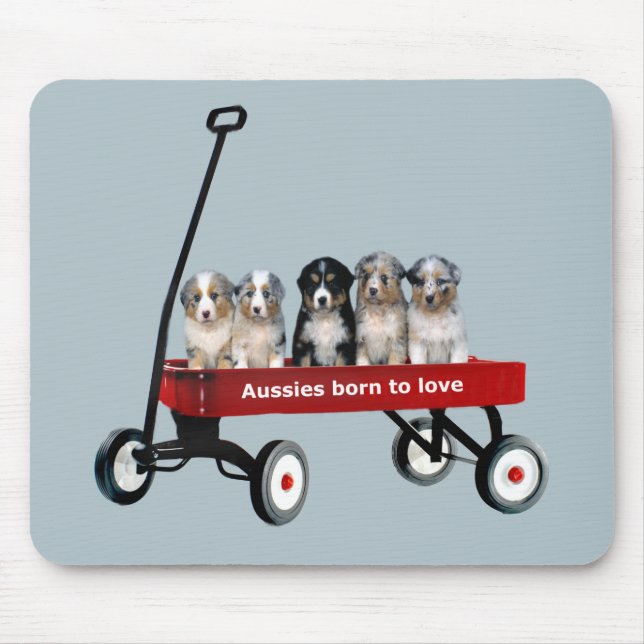 Australian Shepherd Pups In Wagon Mousepad (Front)