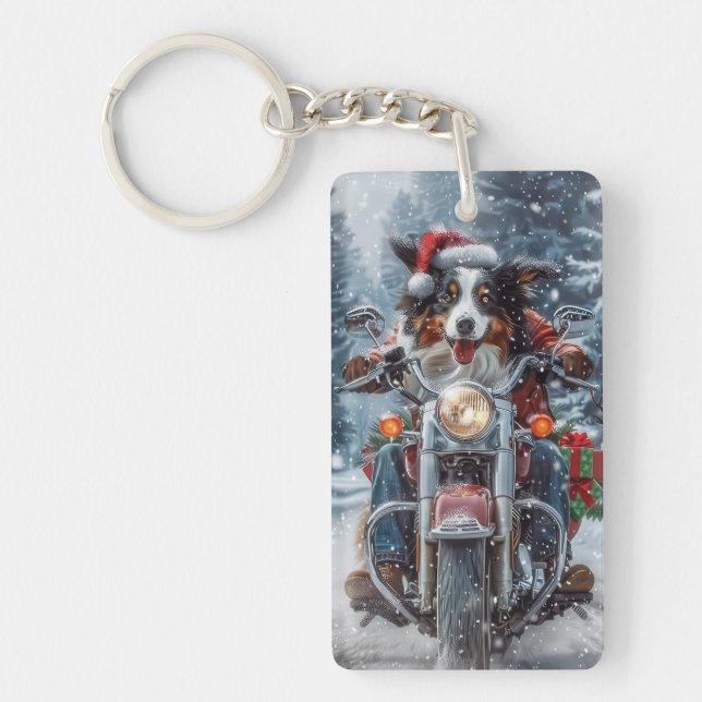 Australian Shepherd Riding Motorcycle Christmas Keychain (Front)