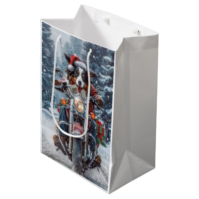 Australian Shepherd Riding Motorcycle Christmas Medium Gift Bag (Front Angled)