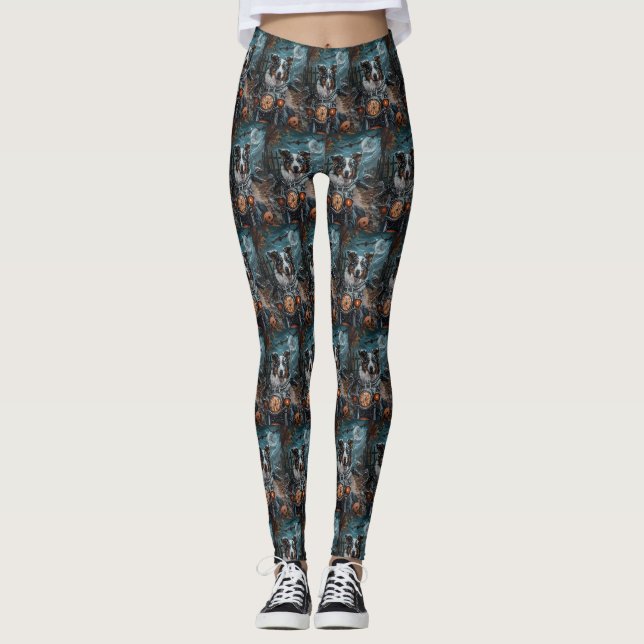 Australian Shepherd Riding Motorcycle Halloween Leggings (Front)