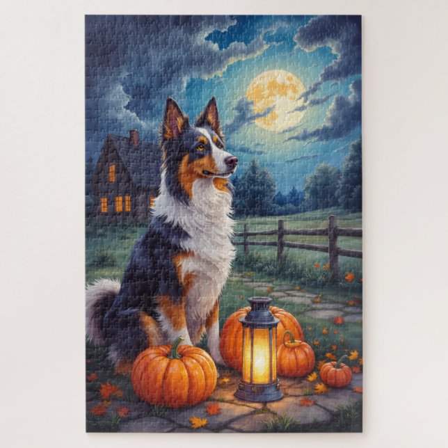 Australian Shepherd Rustic Halloween Moonlight Art Jigsaw Puzzle (Vertical)