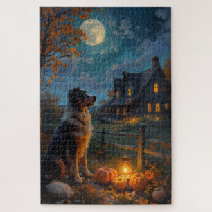 Australian Shepherd Rustic Halloween Moonlight Art Jigsaw Puzzle
