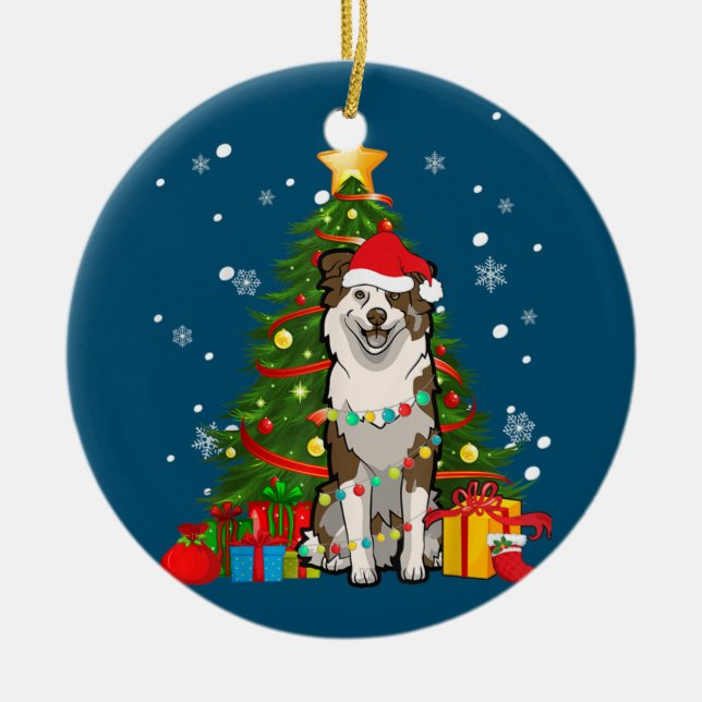 Australian shepherd Santa Christmas Tree Light Ceramic Ornament (Front)