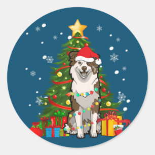 Australian shepherd Santa Christmas Tree Light Classic Round Sticker