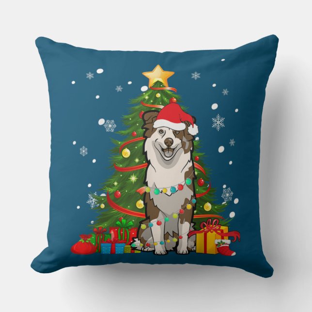 Australian shepherd Santa Christmas Tree Light Throw Pillow (Front)