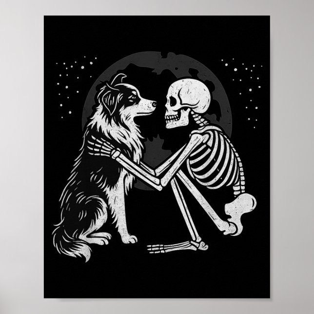 Australian Shepherd Skeleton Moon Halloween Dog Poster (Front)