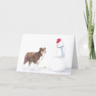 Australian Shepherd & Snowman Dog Art Greeting Car Card