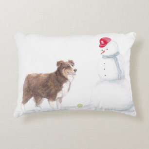 australian Shepherd & Snowman Dog Art Pillow