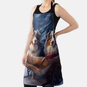 Australian Shepherd Snowy Sleigh Christmas Decor Apron