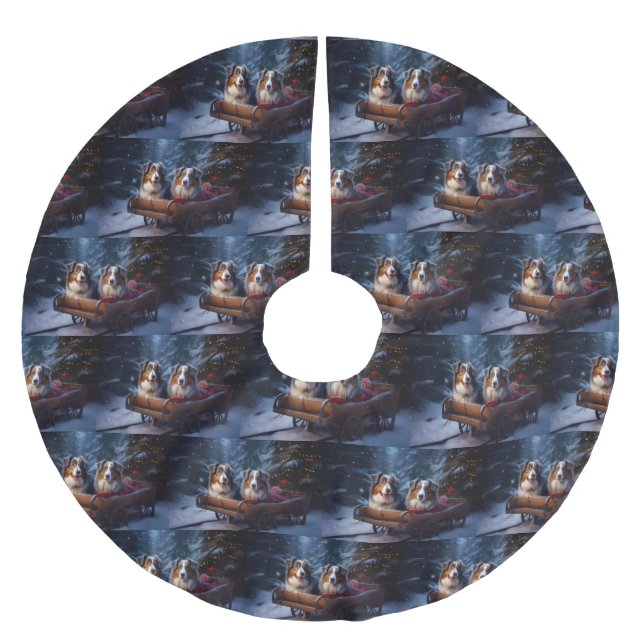 Australian Shepherd Snowy Sleigh Christmas Decor Brushed Polyester Tree Skirt (Front)