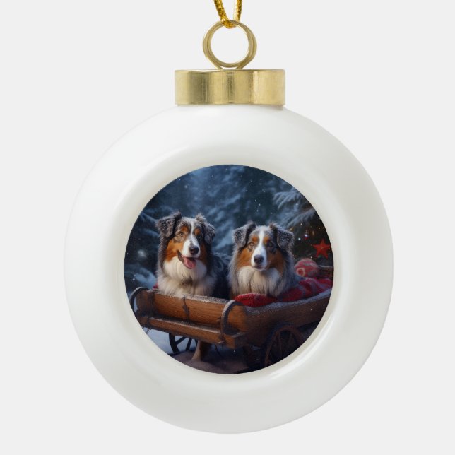 Australian Shepherd Snowy Sleigh Christmas Decor Ceramic Ball Christmas Ornament (Front)
