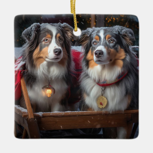 Australian Shepherd Snowy Sleigh Christmas Decor Ceramic Ornament (Front)