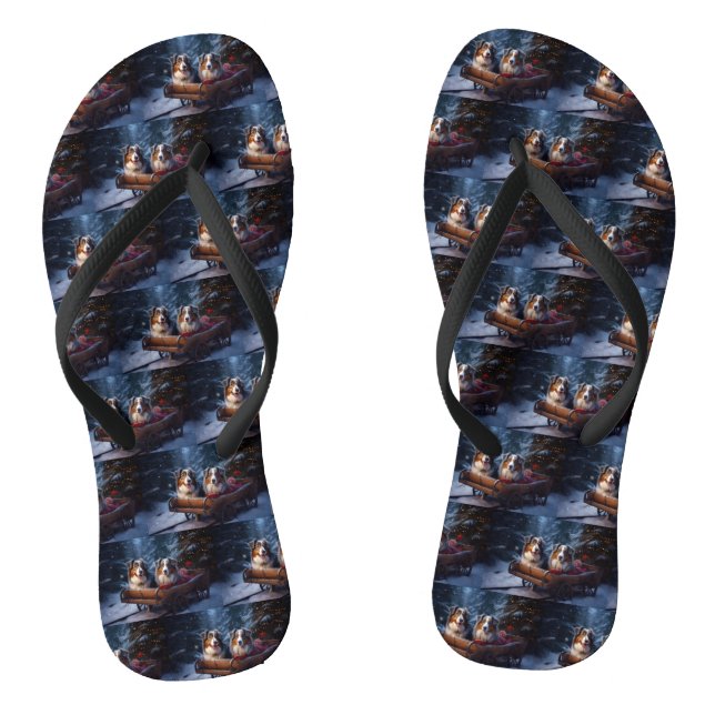 Australian Shepherd Snowy Sleigh Christmas Decor Flip Flops (Footbed)