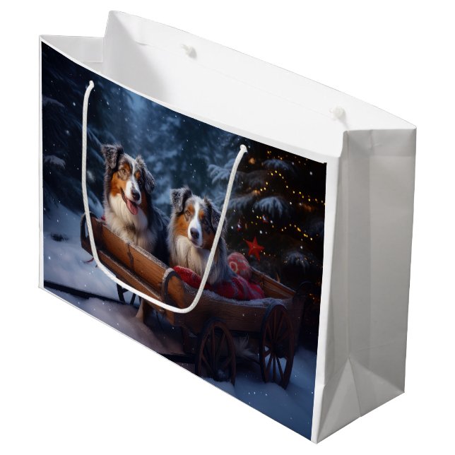 Australian Shepherd Snowy Sleigh Christmas Decor Large Gift Bag (Front Angled)
