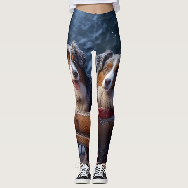 Australian Shepherd Snowy Sleigh Christmas Decor Leggings (Front)