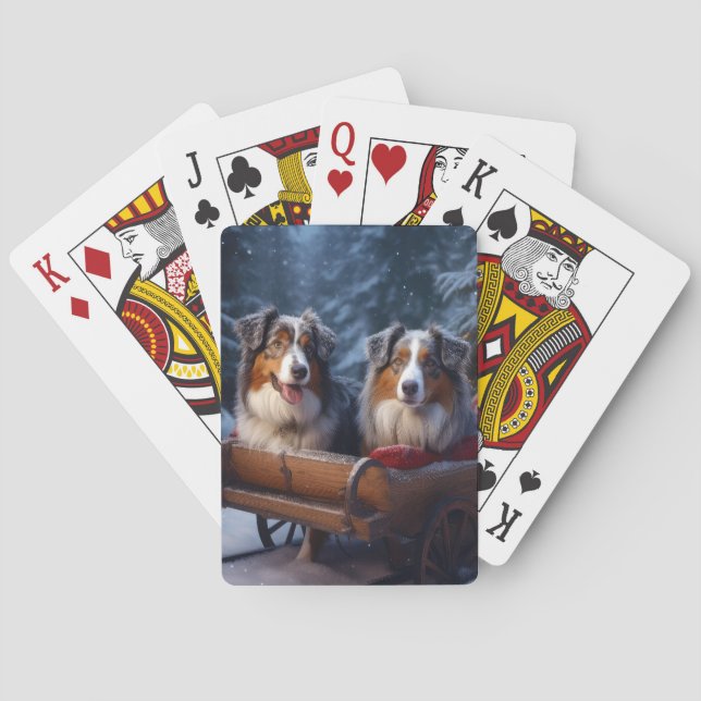 Australian Shepherd Snowy Sleigh Christmas Decor Playing Cards (Back)