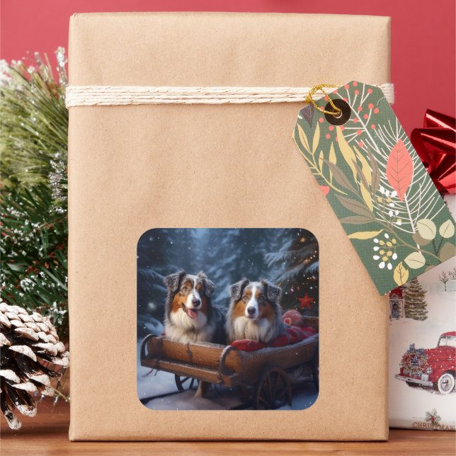 Australian Shepherd Snowy Sleigh Christmas Decor Square Sticker (Holiday)