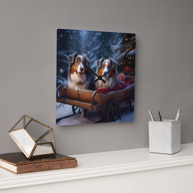 Australian Shepherd Snowy Sleigh Christmas Decor Square Wall Clock (Office)