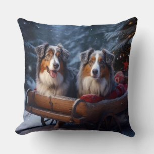 Australian Shepherd Snowy Sleigh Christmas Decor Throw Pillow
