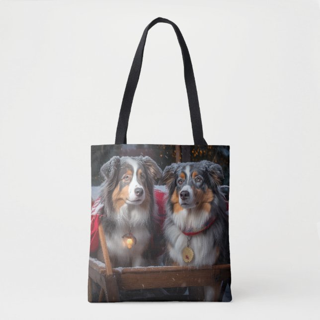 Australian Shepherd Snowy Sleigh Christmas Decor Tote Bag (Front)