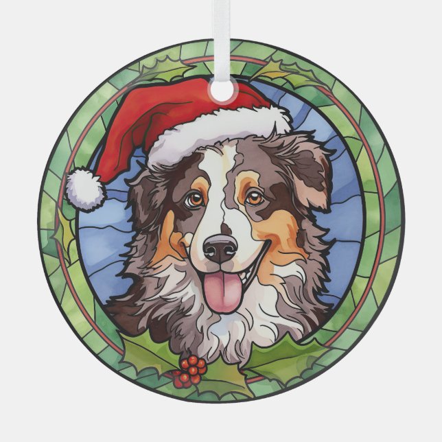 Australian Shepherd Stained Glass Christmas Glass Ornament (Front)