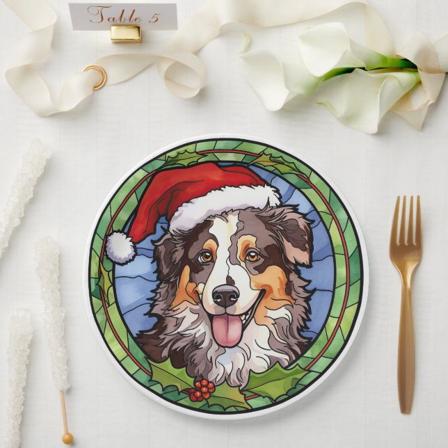 Australian Shepherd Stained Glass Christmas Paper Plate (Wedding)