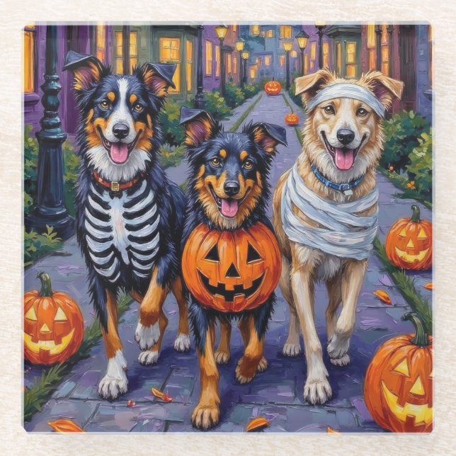 Australian Shepherd Trick-or-Treating in Halloween Glass Coaster (Front)