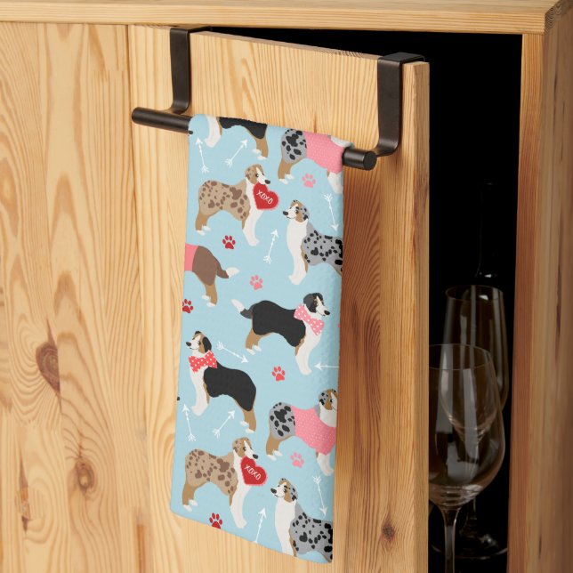Australian Shepherd Valentine Pattern Kitchen Towel (Thirds Fold)