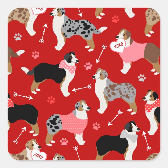 Australian Shepherd Valentine Pattern Square Stick Square Sticker (Front)