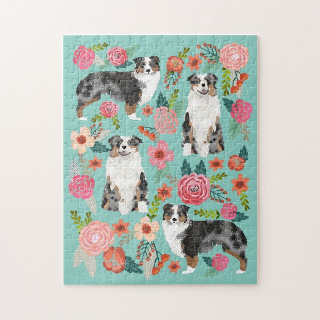 Australian Shepherd Vintage Florals Dog Jigsaw Puzzle (Vertical)