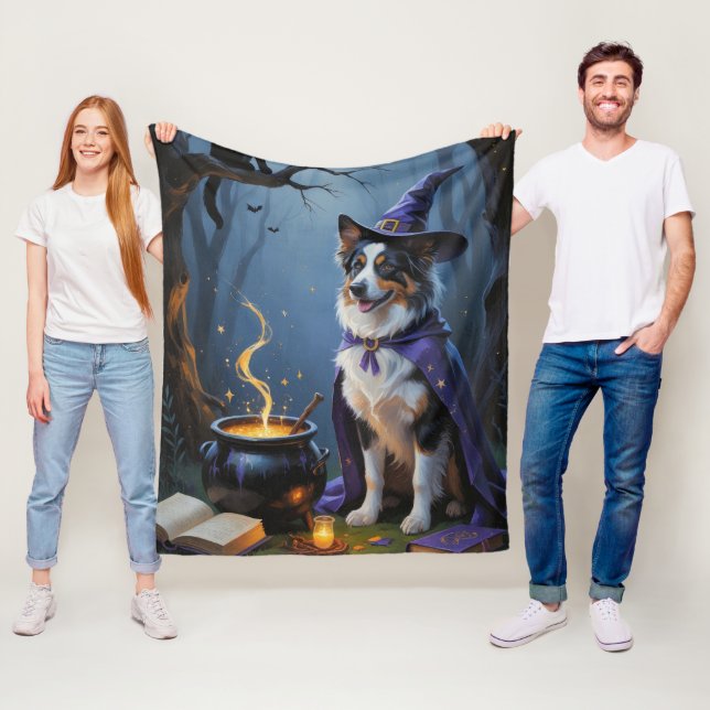 Australian Shepherd Whimsical Halloween Painting Fleece Blanket (In Situ)