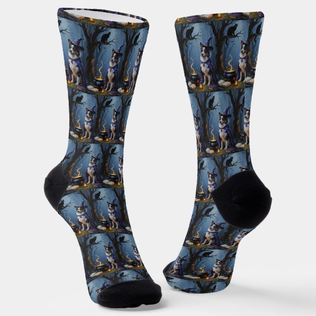 Australian Shepherd Whimsical Halloween Painting Socks (Angled)