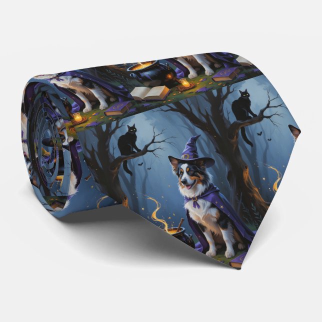 Australian Shepherd Whimsical Halloween Painting Tie (Rolled)