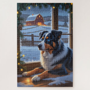 Australian Shepherd With Christmas Lights Holiday Jigsaw Puzzle