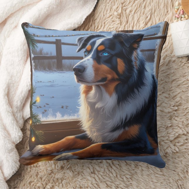 Australian Shepherd With Christmas Lights Holiday Throw Pillow (Blanket)
