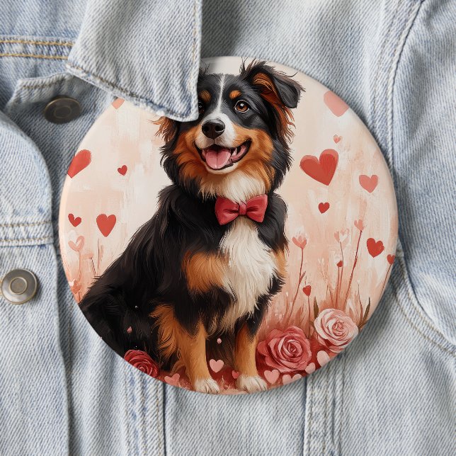 Australian Shepherd with Roses - Valentine's Day  6 Inch Round Button (In Situ)
