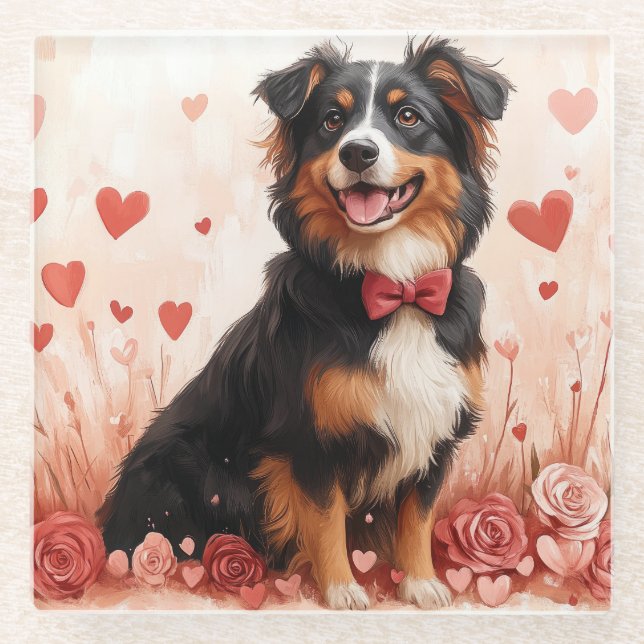 Australian Shepherd with Roses - Valentine's Day  Glass Coaster (Front)