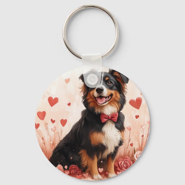Australian Shepherd with Roses - Valentine's Day  Keychain (Front)