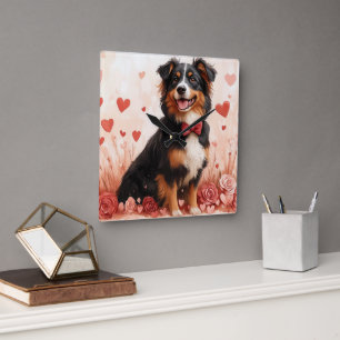 Australian Shepherd with Roses - Valentine's Day  Square Wall Clock