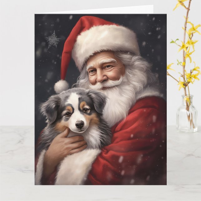 Australian Shepherd with Santa Claus Christmas  Card (Yellow Flower)