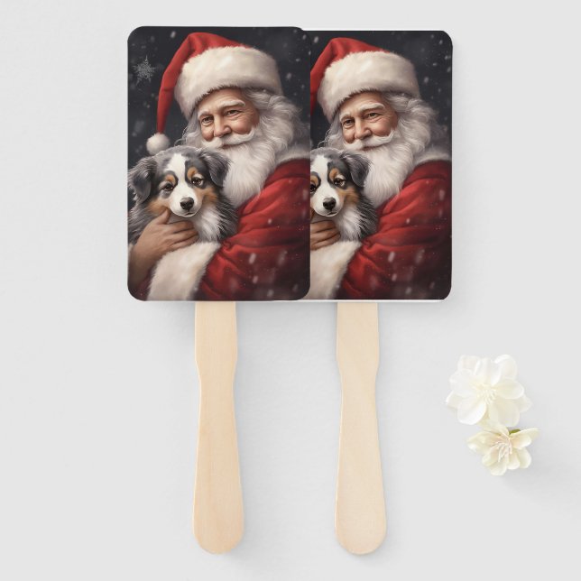 Australian Shepherd with Santa Claus Christmas  Hand Fan (Front and Back)