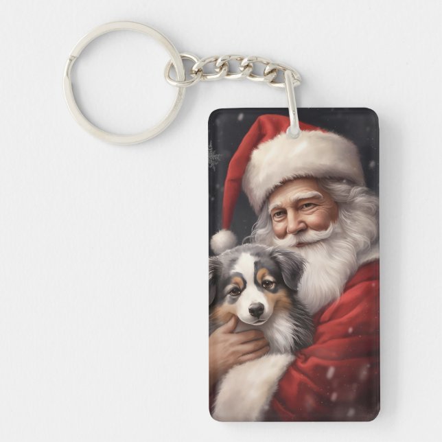 Australian Shepherd with Santa Claus Christmas  Keychain (Front)