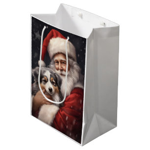 Australian Shepherd with Santa Claus Christmas Medium Gift Bag