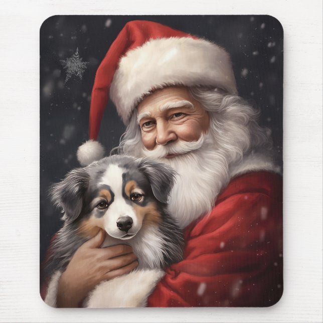 Australian Shepherd with Santa Claus Christmas  Mouse Pad (Front)