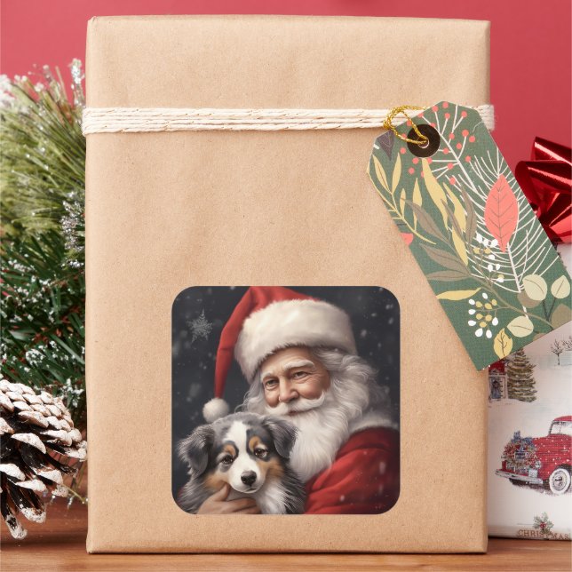 Australian Shepherd with Santa Claus Christmas  Square Sticker (Holiday)